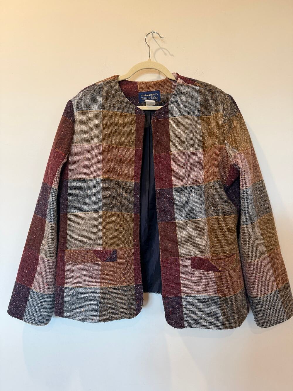 Vtg 90s wool blend open tweed plaid blazer jacket Sz 16 maroon cottagecore